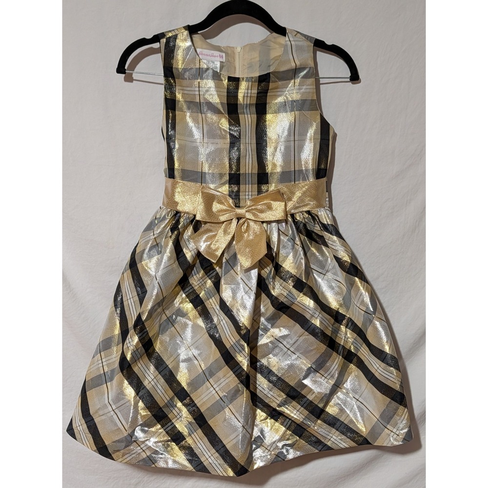 Bonnie Jean Girls Gold Metallic Plaid Holiday Party Dress w/ Bow Size 10